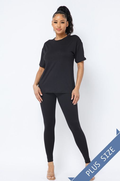 Plus Brushed Dty Round Neck Top Leggings Set