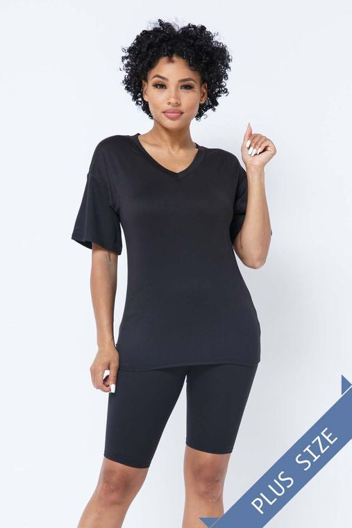 Plus Brushed Dty V Neck Top Bike Short Set