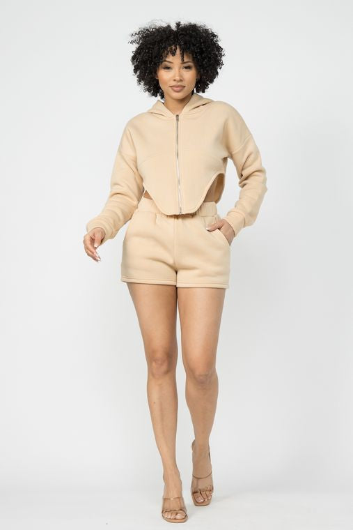 Fleece Zipper Front Hoodie Jacket And Short Set