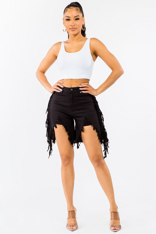 PLUS SIZE HIGH WAIST CUT OUT FRONT FRINGED SHORTS