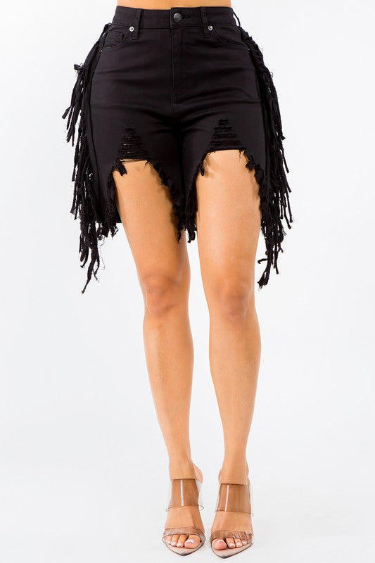 PLUS SIZE HIGH WAIST CUT OUT FRONT FRINGED SHORTS