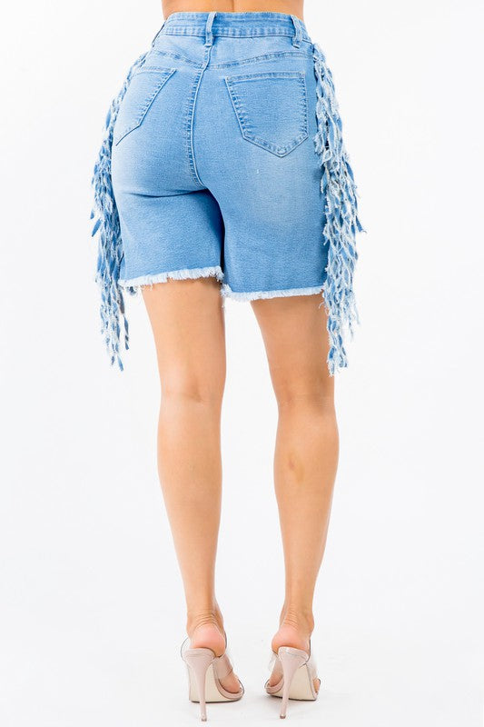 PLUS SIZE HIGH WAIST CUT OUT FRONT FRINGED SHORTS