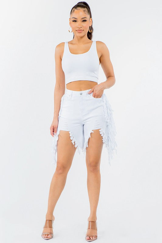 PLUS SIZE HIGH WAIST CUT OUT FRONT FRINGED SHORTS