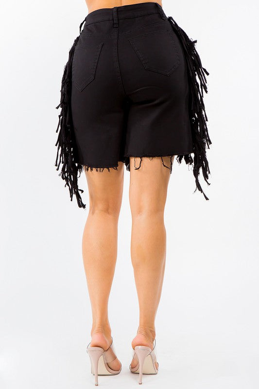 PLUS SIZE HIGH WAIST CUT OUT FRONT FRINGED SHORTS