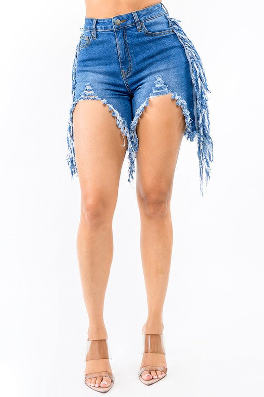PLUS SIZE HIGH WAIST CUT OUT FRONT FRINGED SHORTS