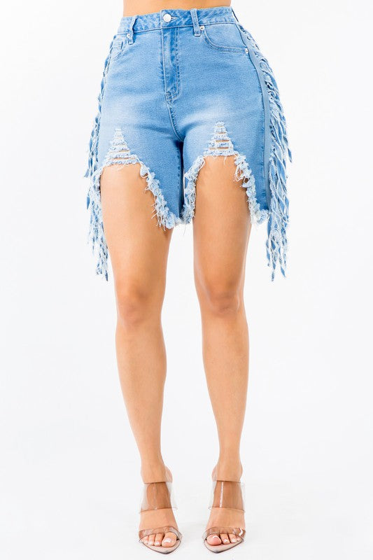 PLUS SIZE HIGH WAIST CUT OUT FRONT FRINGED SHORTS