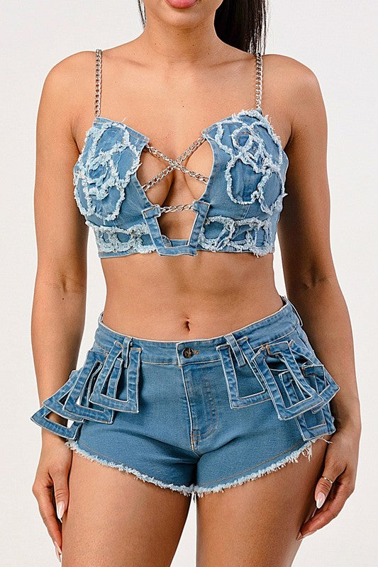 hot summer casual distressed denim top and short