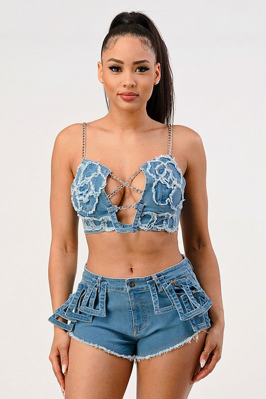 hot summer casual distressed denim top and short