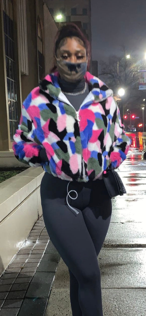 Multi Color Patch Faux Fur Jacket