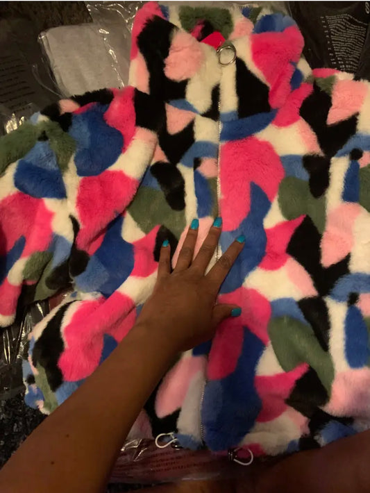 Multi Color Patch Faux Fur Jacket