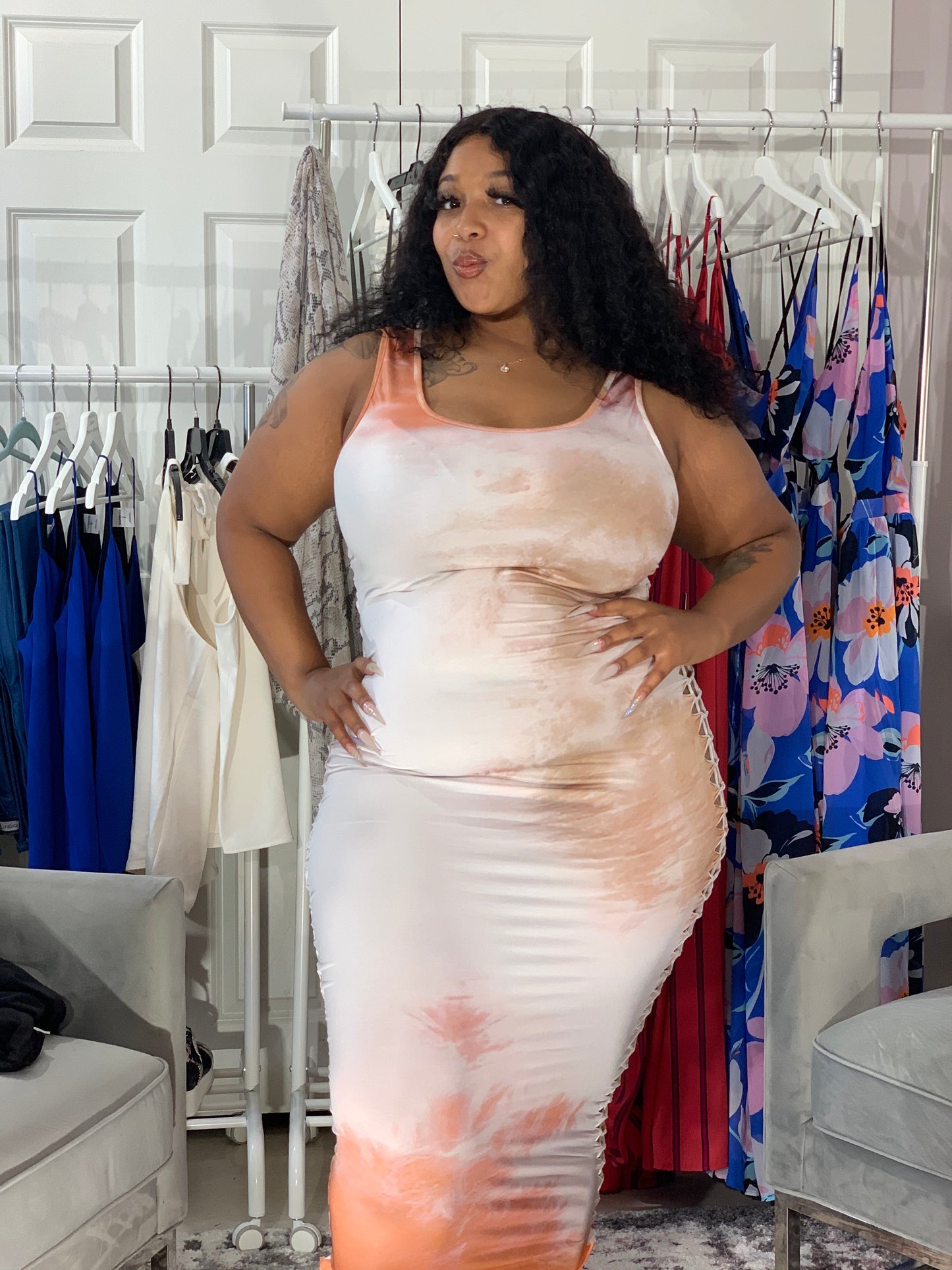 PLüsch Collection Orange Tie Dye Plus Size Side Braid Maxi Dress