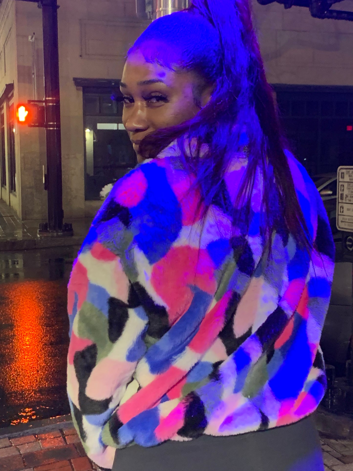 Multi Color Patch Faux Fur Jacket