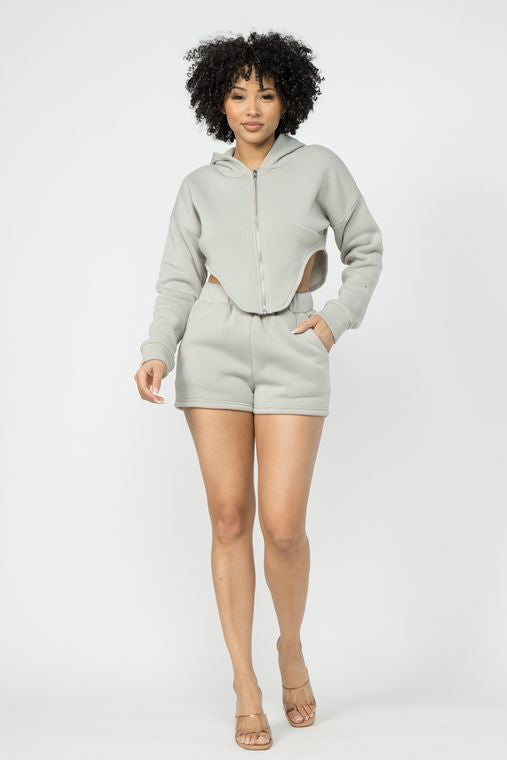 Fleece Zipper Front Hoodie Jacket And Short Set