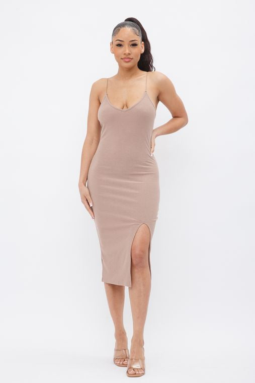 Sleeveless Solid Side Slit Spaghetti Strap Midi Dress
