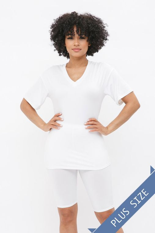 Plus Brushed Dty V Neck Top Bike Short Set