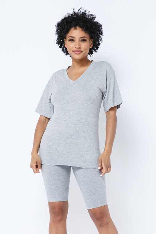 Brushed Dty V Neck T-Shirts Top Bike Short Set