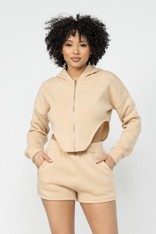 Fleece Zipper Front Hoodie Jacket And Short Set