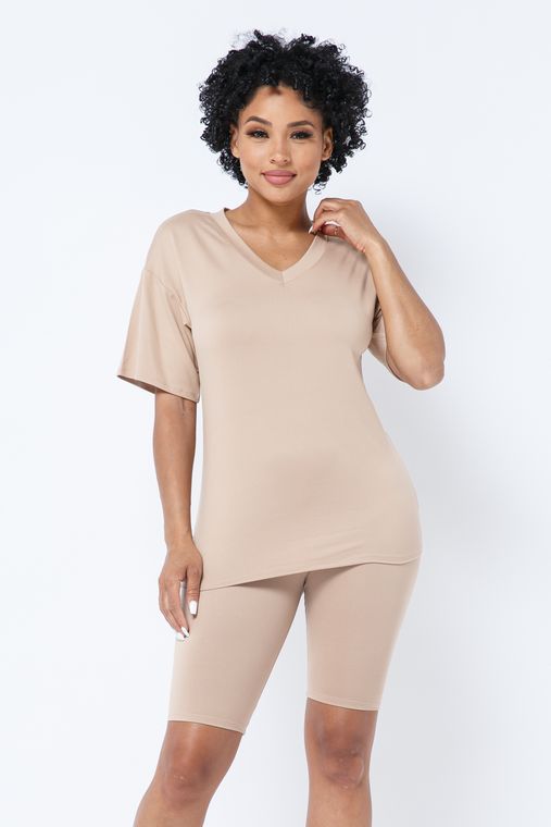 Brushed Dty V Neck T-Shirts Top Bike Short Set
