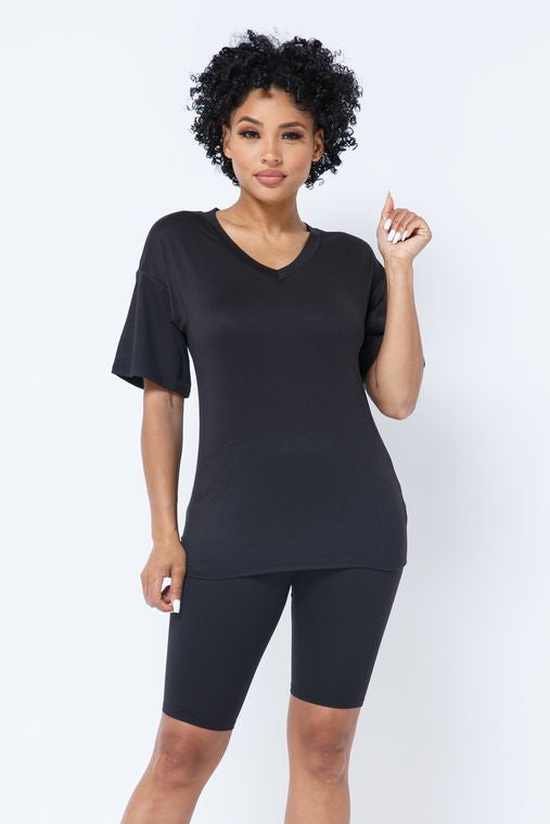 Brushed Dty V Neck T-Shirts Top Bike Short Set