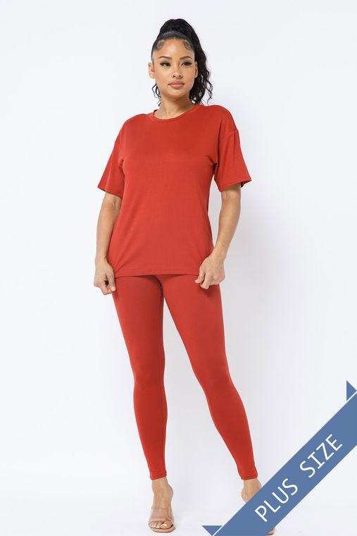 Plus Brushed Dty Round Neck Top Leggings Set