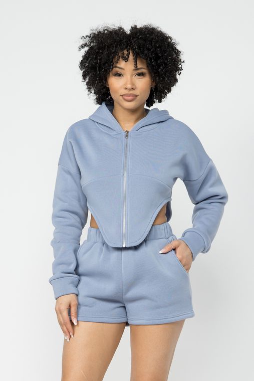 Fleece Zipper Front Hoodie Jacket And Short Set