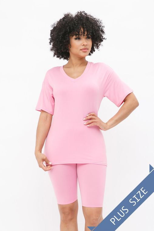 Plus Brushed Dty V Neck Top Bike Short Set