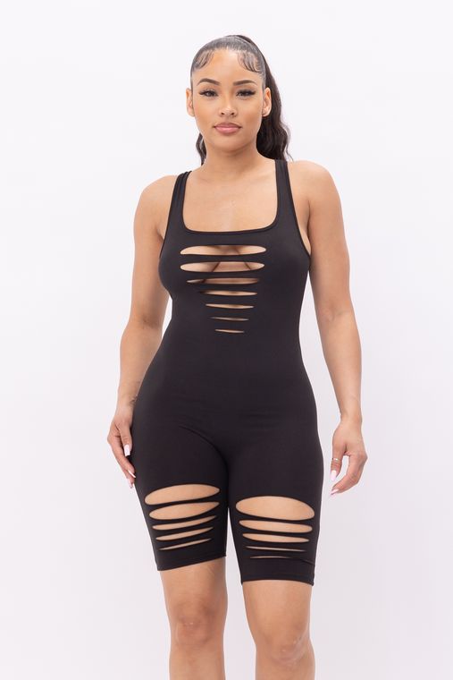 Front Laser Cut Details Sleeveless Romper