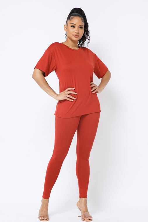 Plus Brushed Dty Round Neck Top Leggings Set