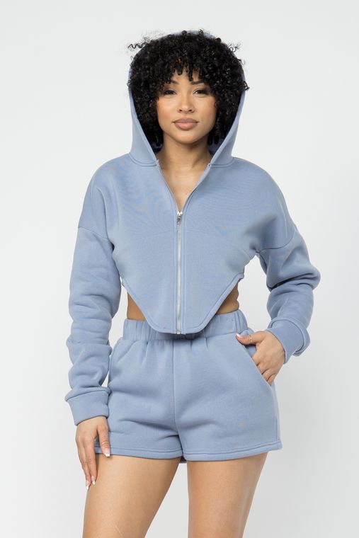 Fleece Zipper Front Hoodie Jacket And Short Set
