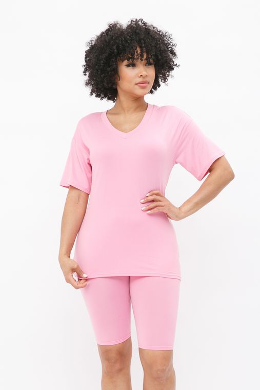Brushed Dty V Neck T-Shirts Top Bike Short Set