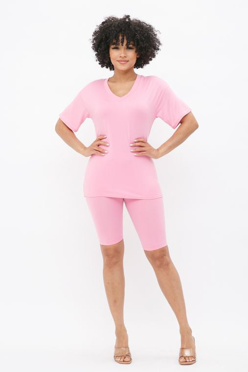 Plus Brushed Dty V Neck Top Bike Short Set