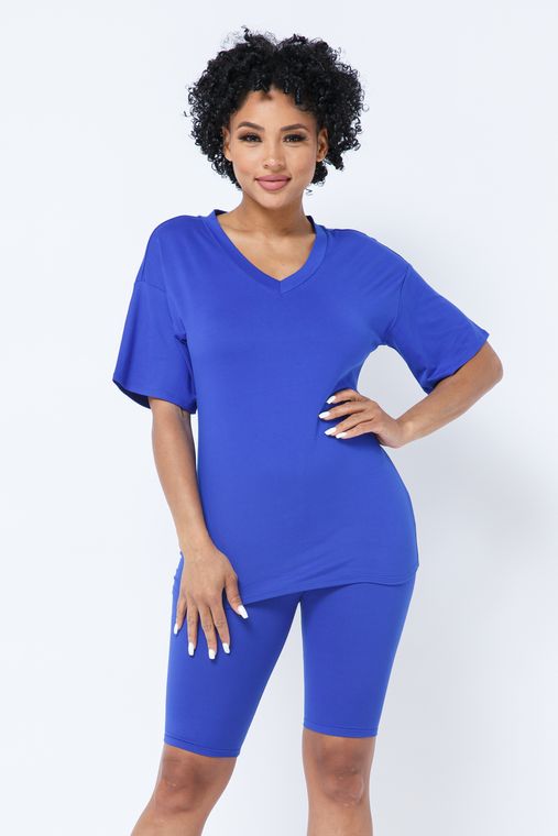 Brushed Dty V Neck T-Shirts Top Bike Short Set