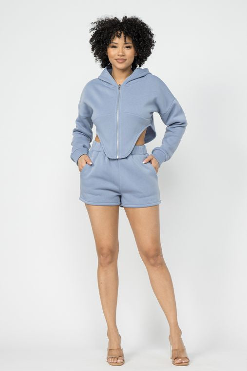 Fleece Zipper Front Hoodie Jacket And Short Set
