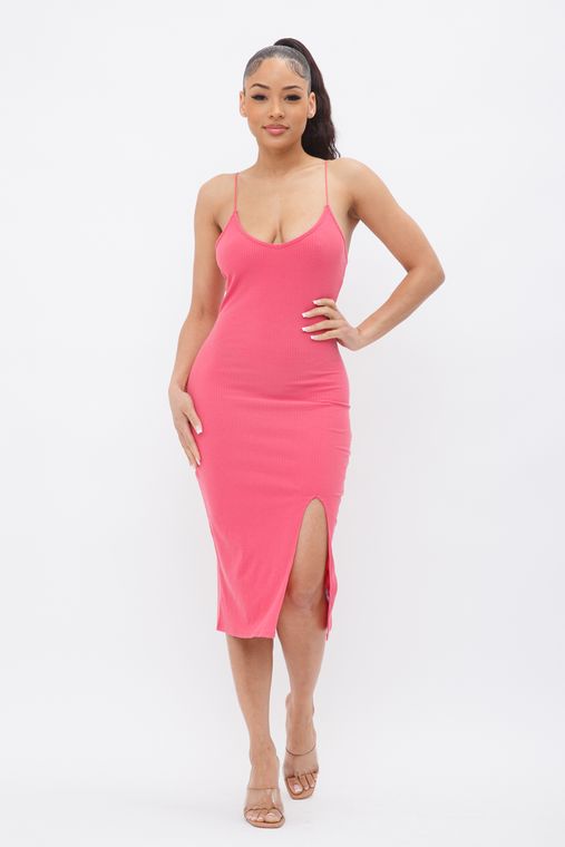 Sleeveless Solid Side Slit Spaghetti Strap Midi Dress