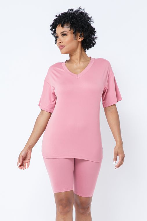 Brushed Dty V Neck T-Shirts Top Bike Short Set