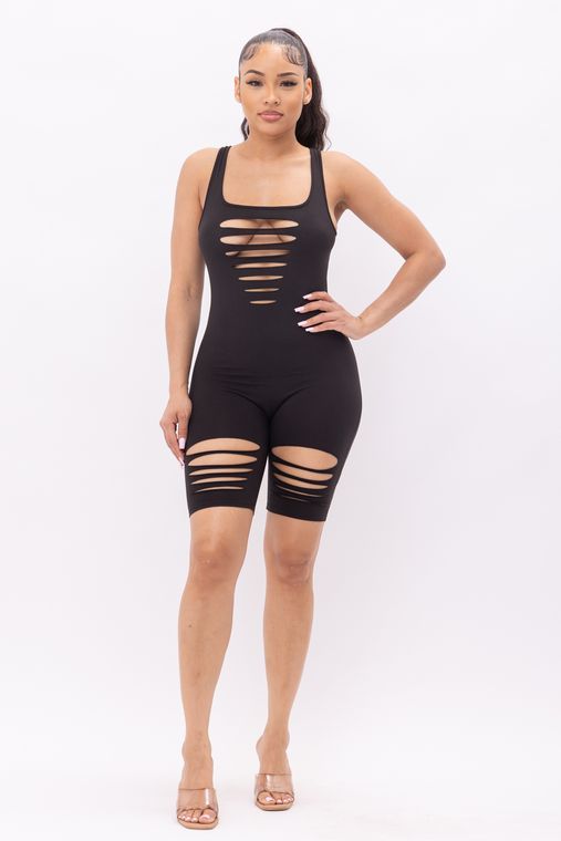 Front Laser Cut Details Sleeveless Romper