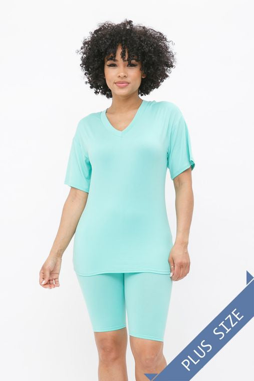 Plus Brushed Dty V Neck Top Bike Short Set
