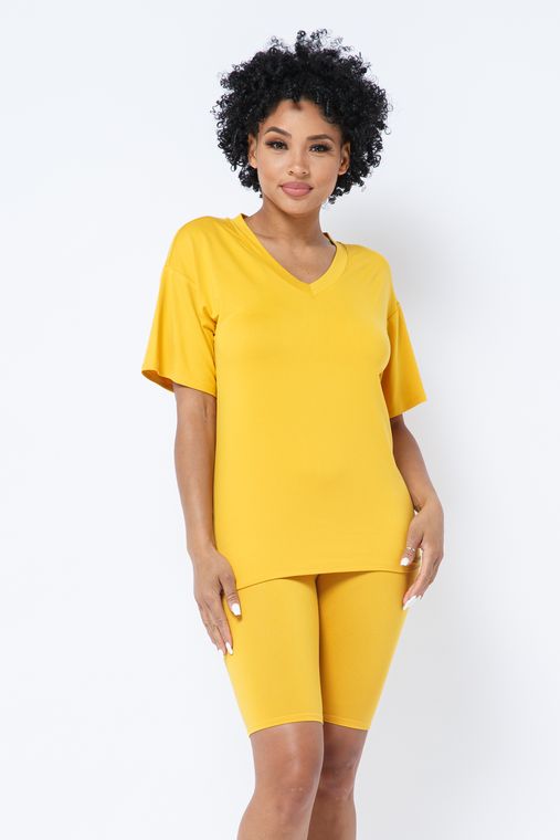 Brushed Dty V Neck T-Shirts Top Bike Short Set
