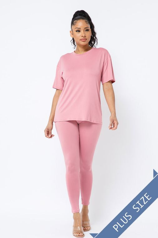 Plus Brushed Dty Round Neck Top Leggings Set