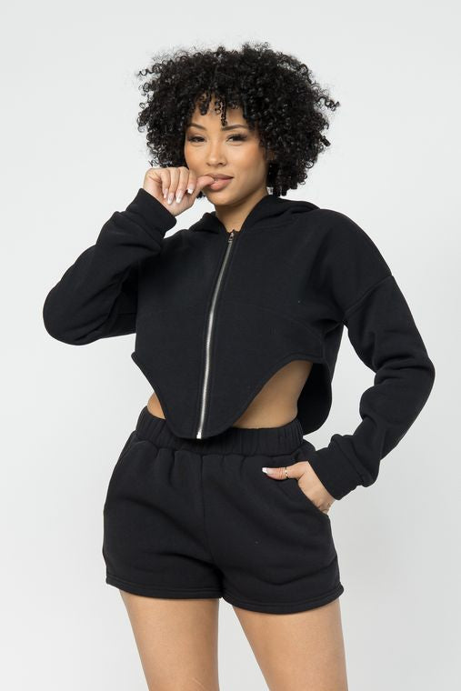 Fleece Zipper Front Hoodie Jacket And Short Set