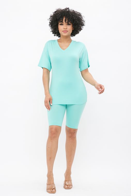 Plus Brushed Dty V Neck Top Bike Short Set