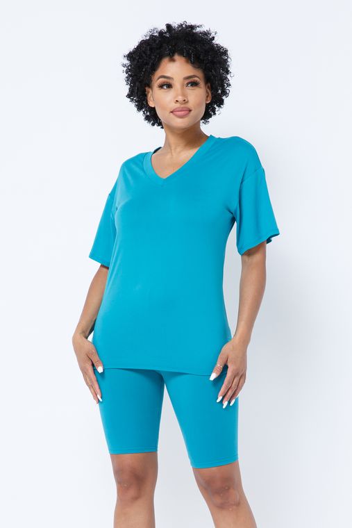 Brushed Dty V Neck T-Shirts Top Bike Short Set