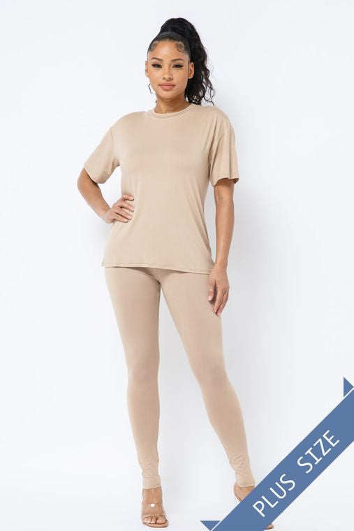 Plus Brushed Dty Round Neck Top Leggings Set
