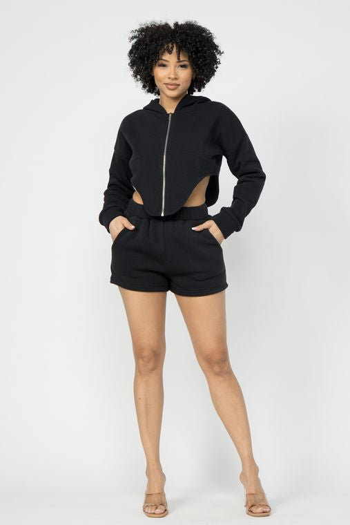 Fleece Zipper Front Hoodie Jacket And Short Set