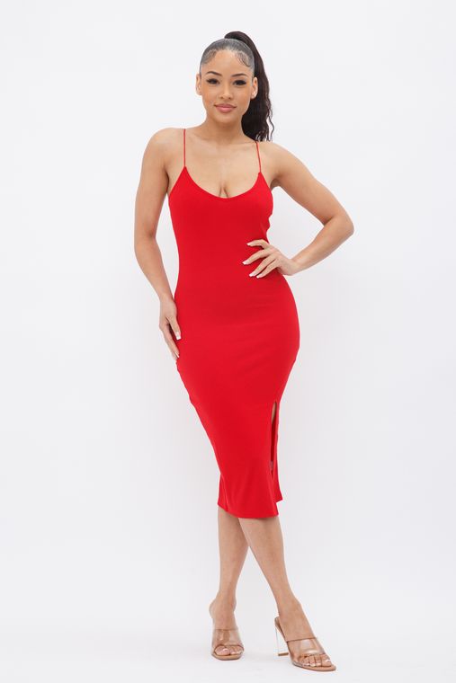 Sleeveless Solid Side Slit Spaghetti Strap Midi Dress