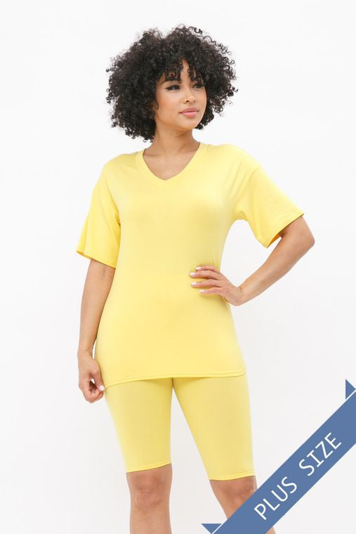 Plus Brushed Dty V Neck Top Bike Short Set