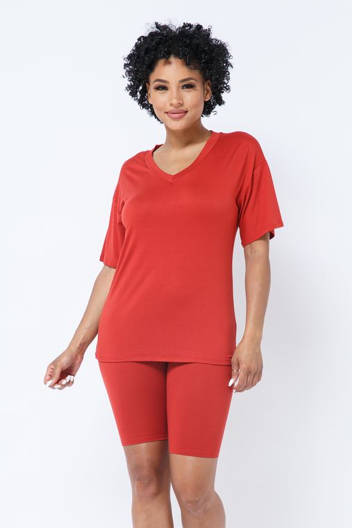 Brushed Dty V Neck T-Shirts Top Bike Short Set