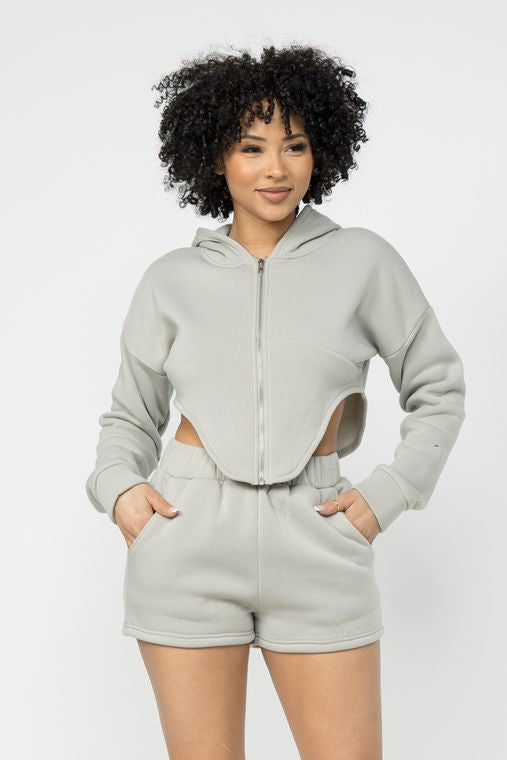 Fleece Zipper Front Hoodie Jacket And Short Set