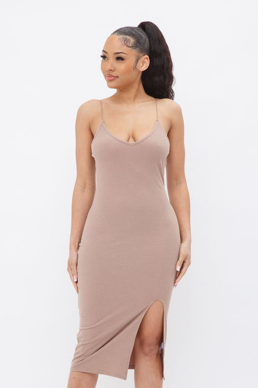 Sleeveless Solid Side Slit Spaghetti Strap Midi Dress