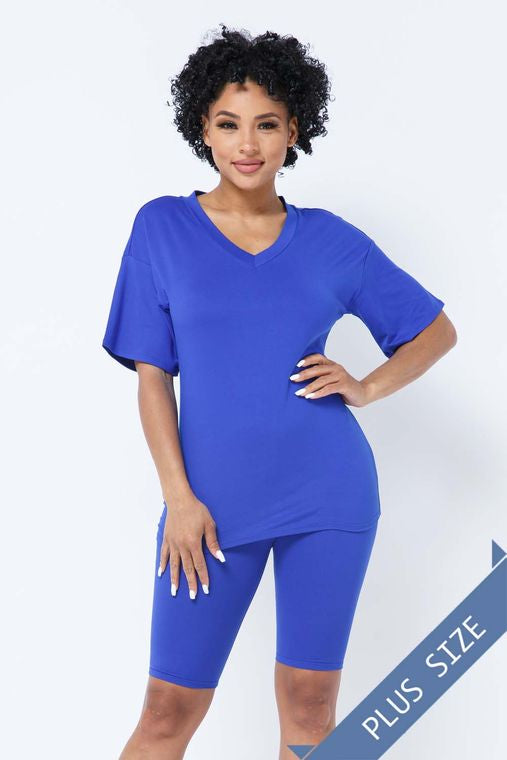 Plus Brushed Dty V Neck Top Bike Short Set